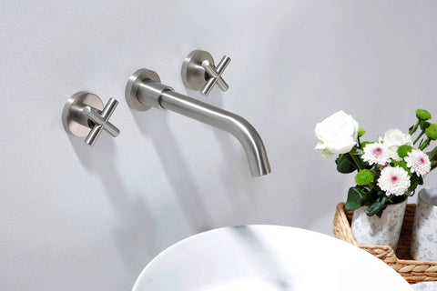 Brushed Nickel Wall Mount Bathroom Faucet With Double Handles Includes Rough In Valve Drip Free Ceramic Disc Cartridge Solid Brass Build
