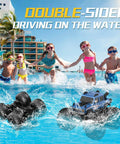 Waterproof 360 Degree Rotating 4X4 RC Monster Truck For Land And Water Play Amphibious Remote Control Off Road Pickup Toy Car 2.4 GHz All Terrain Vehicle For Boys Ages 6 To 12 Blue in pool with kids