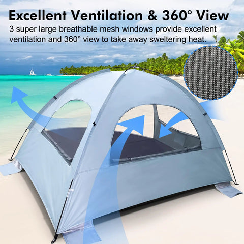 Anti UV Beach Tent For Three People, Portable Sun Shade Shelter With Extendable Floor, Three Mesh Vent Windows, Sierra Blue