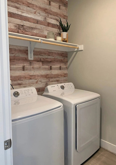 Laundry room with Cinnamon Wood Peel And Stick Wallpaper Self Adhesive Faux Wood Plank for kitchen counter and home decor