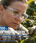 Woman gardening outdoors wearing Anti Fog Safety Glasses For Healthcare Workers, Stylish Goggles With Clear Lenses And Comfortable Fit.