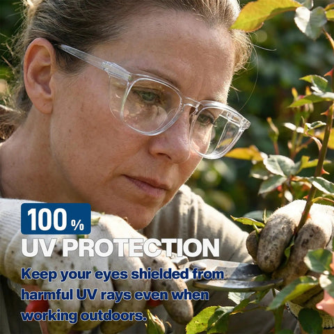Woman gardening outdoors wearing Anti Fog Safety Glasses For Healthcare Workers, Stylish Goggles With Clear Lenses And Comfortable Fit.