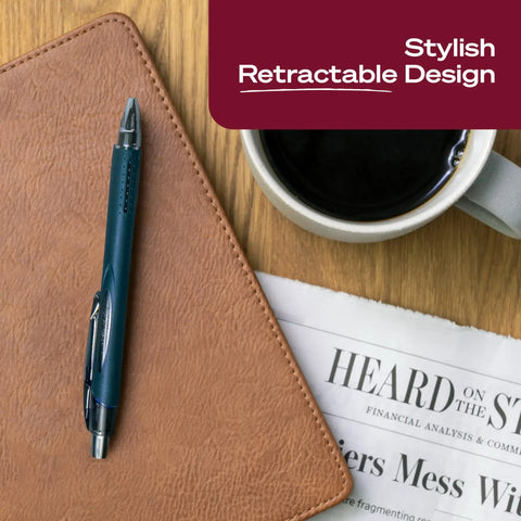 Super Smooth Hybrid Ink Ballpoint Pens with Black 0.7 Mm Fine Point Tips Pack of 3 on a leather notebook beside coffee.