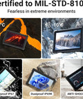 Killer Performance 10.1 Inch Rugged Tablet Built Like A Tank For Rough Jobsites Featuring Intel Celeron J4105 Chipset Windows 11 Pro 8GB Ram 128 GB Waterproof Design shown in extreme environments view.