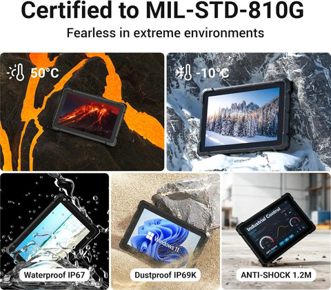 Killer Performance 10.1 Inch Rugged Tablet Built Like A Tank For Rough Jobsites Featuring Intel Celeron J4105 Chipset Windows 11 Pro 8GB Ram 128 GB Waterproof Design shown in extreme environments view.
