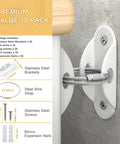 Keep Kids And Pets Safe With This 10 Pack Of Furniture Anchors Heavy Duty Anti Tip Straps That Secure Heavy Furniture Up To 400 Lbs White Metal Earthquake Straps For Baby Proofing And Home Safety, shown in close-up with wall bracket and screws.