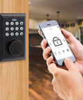 Bluetooth Smart Lock Deadbolt With Keypad And Square Faceplate In Oil Rubbed Bronze One Touch Locking Auto Lock Vacation Mode Easy Installation For Front Door Security displayed with smartphone in hand