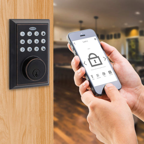 Bluetooth Smart Lock Deadbolt With Keypad And Square Faceplate In Oil Rubbed Bronze One Touch Locking Auto Lock Vacation Mode Easy Installation For Front Door Security displayed with smartphone in hand