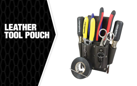 Leather Tool Pouch With Five Pockets And Tape Chain, Fade Resistant, Durable Compartments, Washer Rivets, Metal Clip