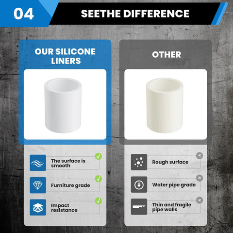 Comparison of smooth furniture-grade PVC socket liners vs. rough surface pipe grade, highlighting impact resistance and quality differences.
