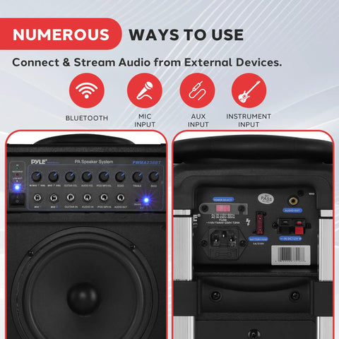 Wireless Portable PA System With 400W Power And Bluetooth, Rechargeable Battery, front control panel and inputs view