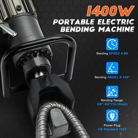 Heavy Duty 110V Hydraulic Rebar Bender 1400W Pure Copper Motor Portable Handheld Steel Rod Bending Machine display showing bending specifications.