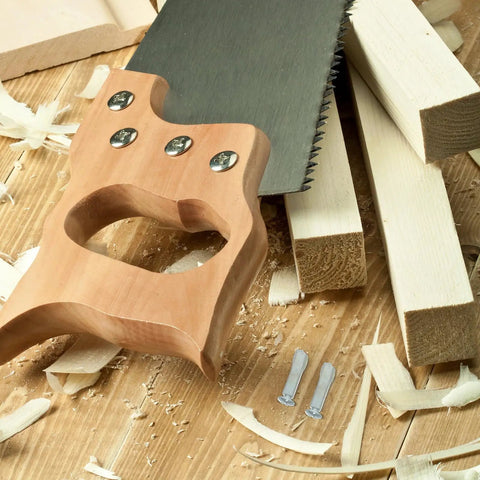 Wood saw on a workbench with shavings and two screws next to wooden boards. Featured: Eight Piece Hacksaw Bolt And Wing Nut Set For DIY Repairs Tough Pro Grade Hardware Kit For Metal Saw Frames With Easy Install And Quick Removal Includes Screws Nuts And Connectors For Replacement Parts.