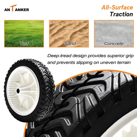 2 Pack 8 Inch Front Drive Wheel Assembly For Toro Recycler 22 Inch Walk Behind Mowers 20001 20111 Replacement For Self Propelled Mower, Replaces Stens 205-272, OEM Style Gear Wheel Upgrade with deep-tread for all-surface traction on turf, sand, and concrete. Close-up view of wheel and tread pattern.
