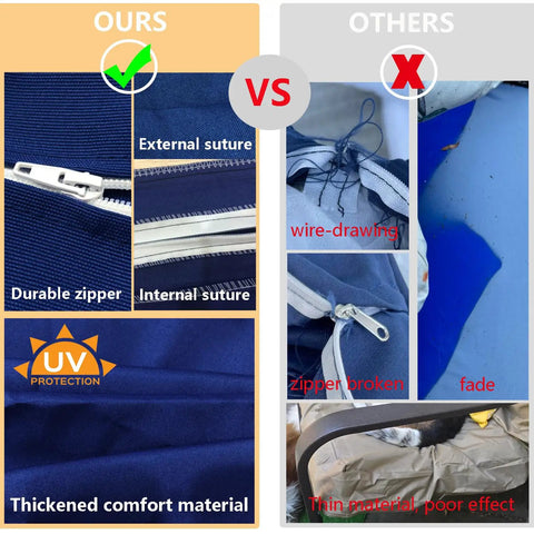 Comparison of UV protection and durable zippers for Outdoor Cushion Covers Replacement Set 14 Piece For 7 Piece 6 Seater Wicker Rattan Sectional Sofa Patio Slipcovers With Seat Back And Waist Covers Blue vs others showing thinner material and broken zipper.