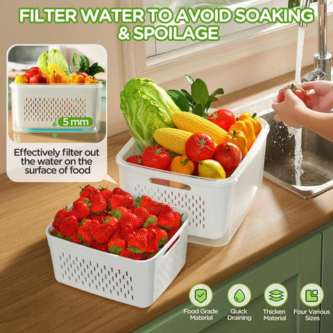Fridge Fruit Storage Set With Removable Colander And All-In-One Washing Bowl on kitchen counter with produce