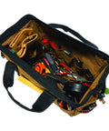 Open top view of Trade Series 16 Inch Tool Bag With Zippered Main Compartment 23 Pockets Metal Frame Rain Defender, holding tools