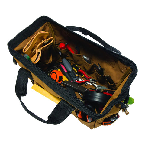 Open top view of Trade Series 16 Inch Tool Bag With Zippered Main Compartment 23 Pockets Metal Frame Rain Defender, holding tools