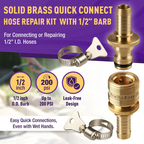 Easy Connect Garden Hose Repair Kit With Built In Quick Connects 1/2 Inch Barbs And Two Tool Free Clamps for leak fix