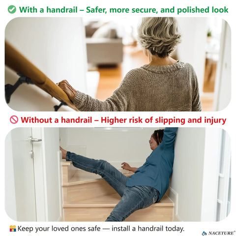 Woman safely using handrail and person slipping on stairs without Sturdy 3 Inch Black Handrail Brackets for Stairs Six Pack Heavy Duty.