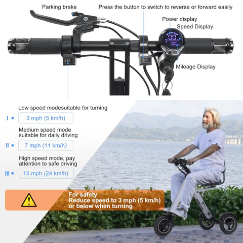 Three Wheel Foldable Electric Trike With Backrest For Adults, Lightweight 36V 7.8Ah Removable Battery, Reverse Function, Key Switch, Ideal For Commute And Travel handlebar with speed display and rider on trike