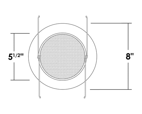 Diagram of 6 Inch White Recessed Shower Trim With Albalite Lens Fits 6 Inch Recessed Housings 8 Inch Trim Diameter 5.25 Inch Aperture