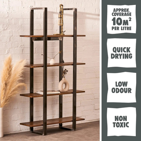 Premium Water Based Wood Stain Dark Pine Shade Non Toxic Eco Friendly Formula For Indoor Furniture And Craft Projects Eight Ounce Can on a shelf.