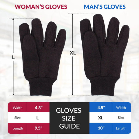 Glove size guide for Unisex Brown Jersey Work Gloves 10 Inch Pack Of 24 Pairs Breathable Polyester Cotton Knit Wrist Reusable Washable Light Duty Gardening And Everyday Home Improvement Gloves.