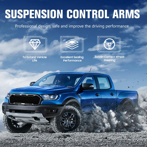 15 Piece Front Upper Control Arms Suspension Kit For 4WD Trucks Fits 1995 1996 1997 1998 1999 Chevy GMC K1500 Suburban Tahoe 1995 1999 K2500 Suburban And 1999 2000 Cadillac Escalade With Sway Bar Link And Lower Ball Joint Upgrade For A Tough Ride displayed on blue 4WD truck driving through gravel with text emphasizing suspension control arms.