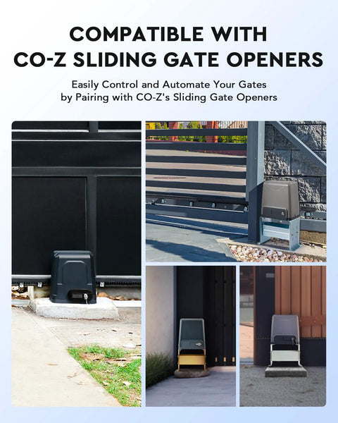 Sliding gate opener installation views with Magnetic Limit Switches 4 Pack Round Gate Magnets for easy garage automation.