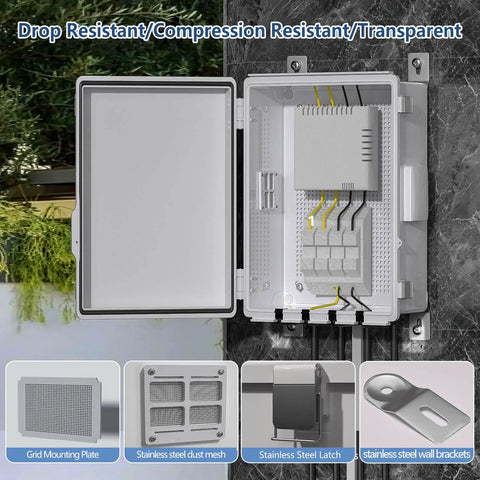 Tough As Nails Electrical Junction Box With Ventilated ABS Housing And Integrated Cable Grommets Weather Sealed IP65 Hinged Door pre drilled wall panel open view showing wiring connections and components.