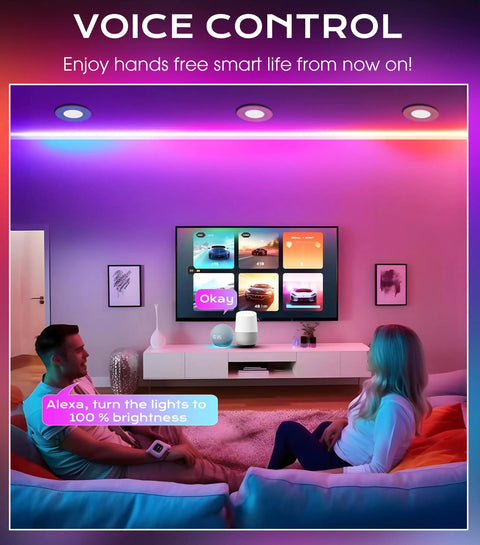 Living room with 4 Inch Gimbal Smart WiFi LED Recessed Lights Kit RGB CW Color Changing Works With Alexa And Google Home
