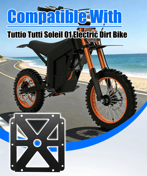 Controller Mounting Bracket For Tuttio Tutti Soleil 01 Electric Dirt Bike next to bike on road, black aluminum alloy