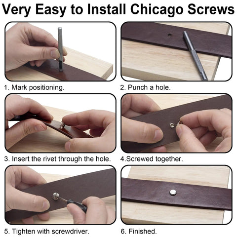 Step-by-step installation of 100 Sets Black Chicago Screws Leather Rivets Kit For Fabric And Leather Crafting With 6 Size Assortment