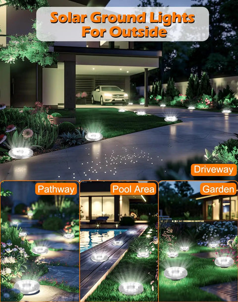 12 LED Solar Disk Lights For Outdoor Pathway And Garden Waterproof Ground Lights with bright white illumination in yard at night
