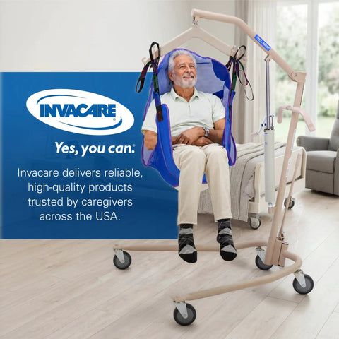 Lightweight Hydraulic Patient Lift Built Tough Yet Easy On The Hands With A Steady 450 Lb Capacity and Smooth Bent Mast For Safer Floor To Bed Transfers Plus Padded Swivel Seat in a home setting.