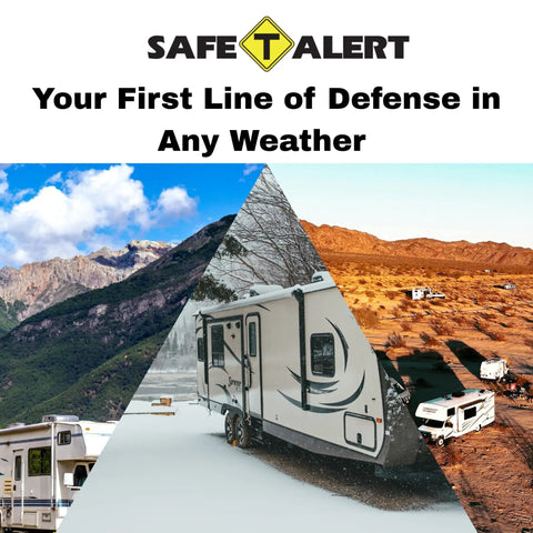 Collage of RVs in various weather conditions showcasing safety with Safe T Alert Dual LP And CO Alarm Propane And Carbon Monoxide Detector.