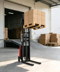 Heavy Duty Semi Electric Pallet Stacker Lift With Powerful 1.6KW Motor And Rock Solid 3300 Lbs Load Capacity lifting boxes in warehouse.