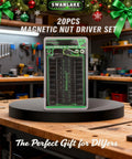 20 Piece Magnetic Nut Driver Set With Metric And SAE Sizes displayed on a workshop table, packaged in a clear case with holiday decorations.