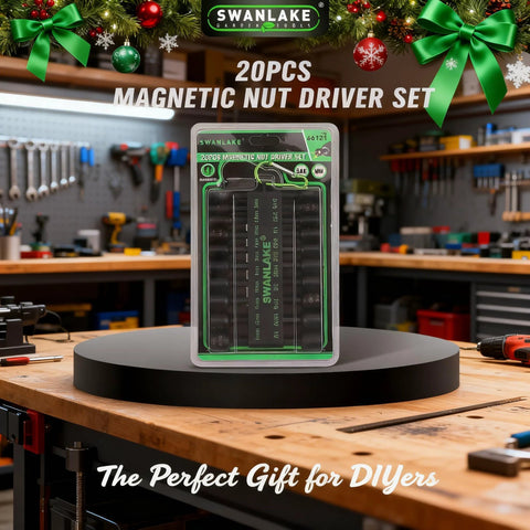 20 Piece Magnetic Nut Driver Set With Metric And SAE Sizes displayed on a workshop table, packaged in a clear case with holiday decorations.