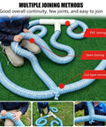 4 Inch Corrugated PVC Drain Pipe With Soft Infiltration For French Drain And Yard Drainage System Ideal For Gardens And Lawns shown in multiple joining methods including PVC, sewn, and cut-type connections on grass surface.