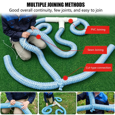 4 Inch Corrugated PVC Drain Pipe With Soft Infiltration For French Drain And Yard Drainage System Ideal For Gardens And Lawns shown in multiple joining methods including PVC, sewn, and cut-type connections on grass surface.