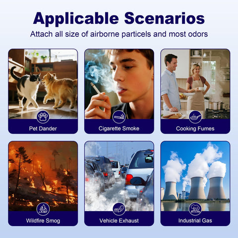 Graphical grid showing 4 Pack Filter B Replacement applicable scenarios: pet dander, cigarette smoke, cooking fumes, and more.