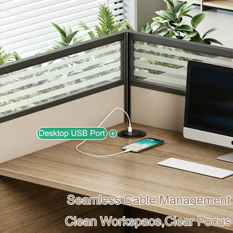 Boss Tier Modular Office Cubicle Workstation Desk Featuring Tempered Glass Privacy Panels And No Stress Usb Charging Hub Plus Lockable Rolling Storage Cabinet With Sleek Cable Management For Seamless Team Collaboration showing USB port, wooden desk, and glass partition