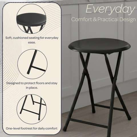 Backless Folding Stool 18 Inch With 225 Lb Capacity, showing black cushioned seat, protective floor leg, and footrest.