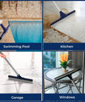 Heavy Duty Floor Squeegee With 62 Inch Stainless Aluminum Pole And Seventeen Point Five Inch Silicone Rubber Blade for cleaning surfaces like pool edges, kitchens, garages, and windows.
