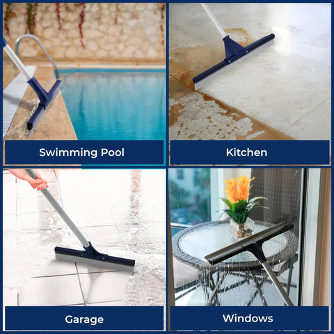 Heavy Duty Floor Squeegee With 62 Inch Stainless Aluminum Pole And Seventeen Point Five Inch Silicone Rubber Blade for cleaning surfaces like pool edges, kitchens, garages, and windows.