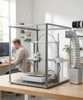 Dead Silent 3D Printer Enclosure With Tight Seal Air Filter, clear acrylic housing and air filter in maker space.