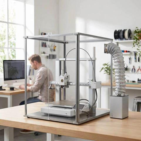 Dead Silent 3D Printer Enclosure With Tight Seal Air Filter, clear acrylic housing and air filter in maker space.