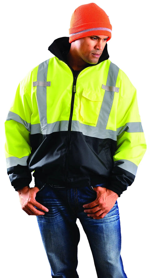 Three Way Class 3 Reflective Bomber Jacket With Roll Away Hood Waterproof 100 Percent Polyester Oxford With Sealed Seams 2 Inch Silver Reflective Tape Zipper Closure Black With Yellow Accents X Large